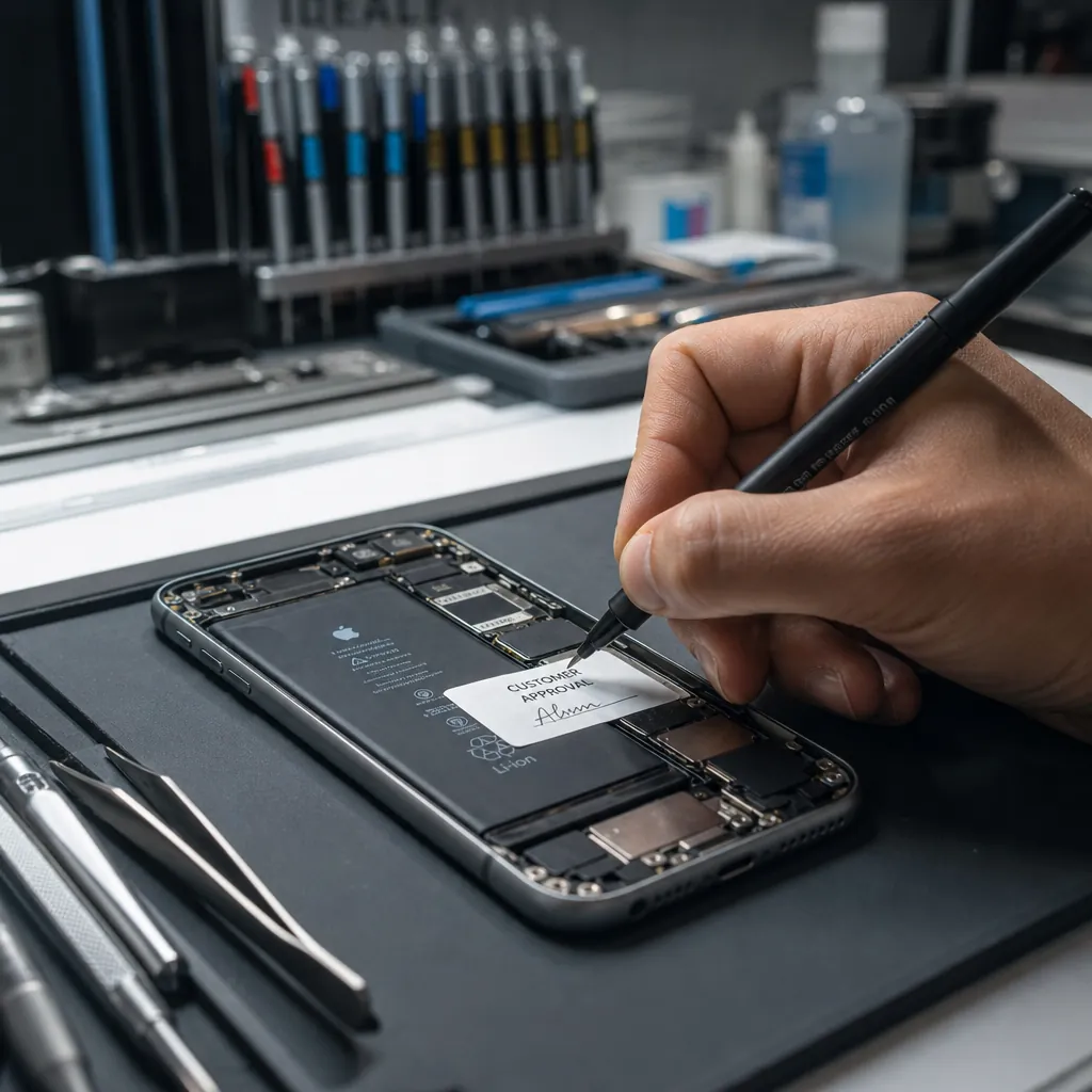 Khách hàng ký tên lên linh kiện iPhone trước khi kỹ thuật viên tiến hành thay pin để đảm bảo minh bạch.