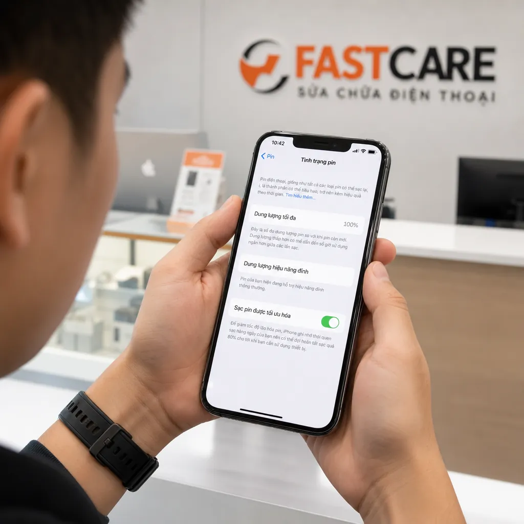 Kiểm tra tình trạng pin iPhone hiển thị 100% ngay sau khi thay pin tại cửa hàng.