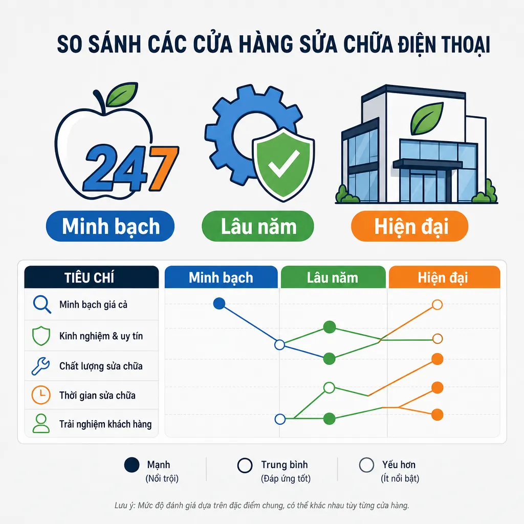 So sánh 3 địa chỉ thay pin iPhone uy tín tại Đà Nẵng: Táo 247, Techcare, và Di Động Xanh.