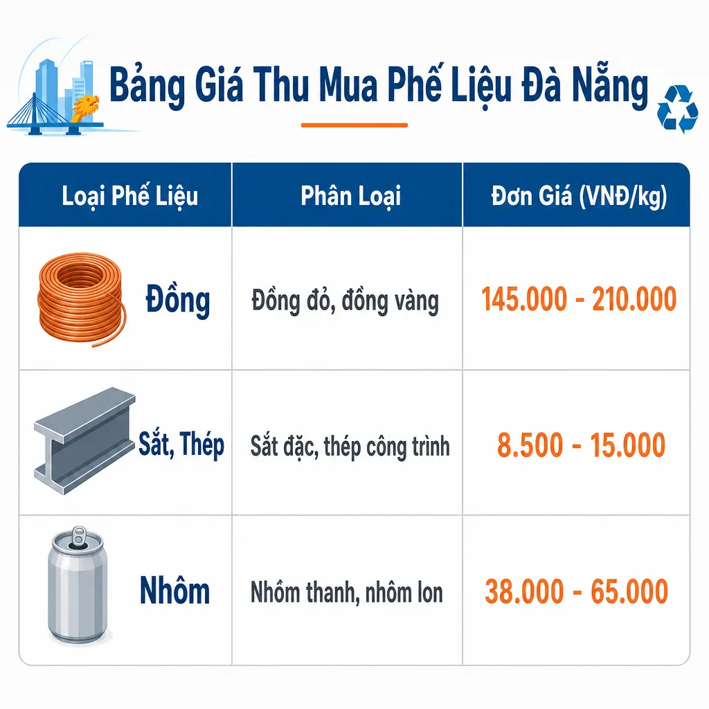 Bảng giá thu mua phế liệu tại Đà Nẵng, liệt kê giá tham khảo cho các loại đồng, sắt, nhôm, và inox.