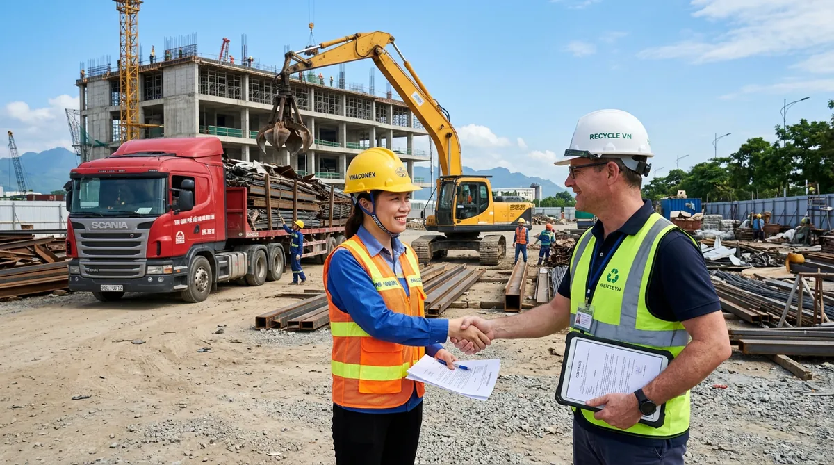 Quản lý công trình đang làm việc với đơn vị thu mua phế liệu chuyên nghiệp tại một công trường lớn ở Đà Nẵng.