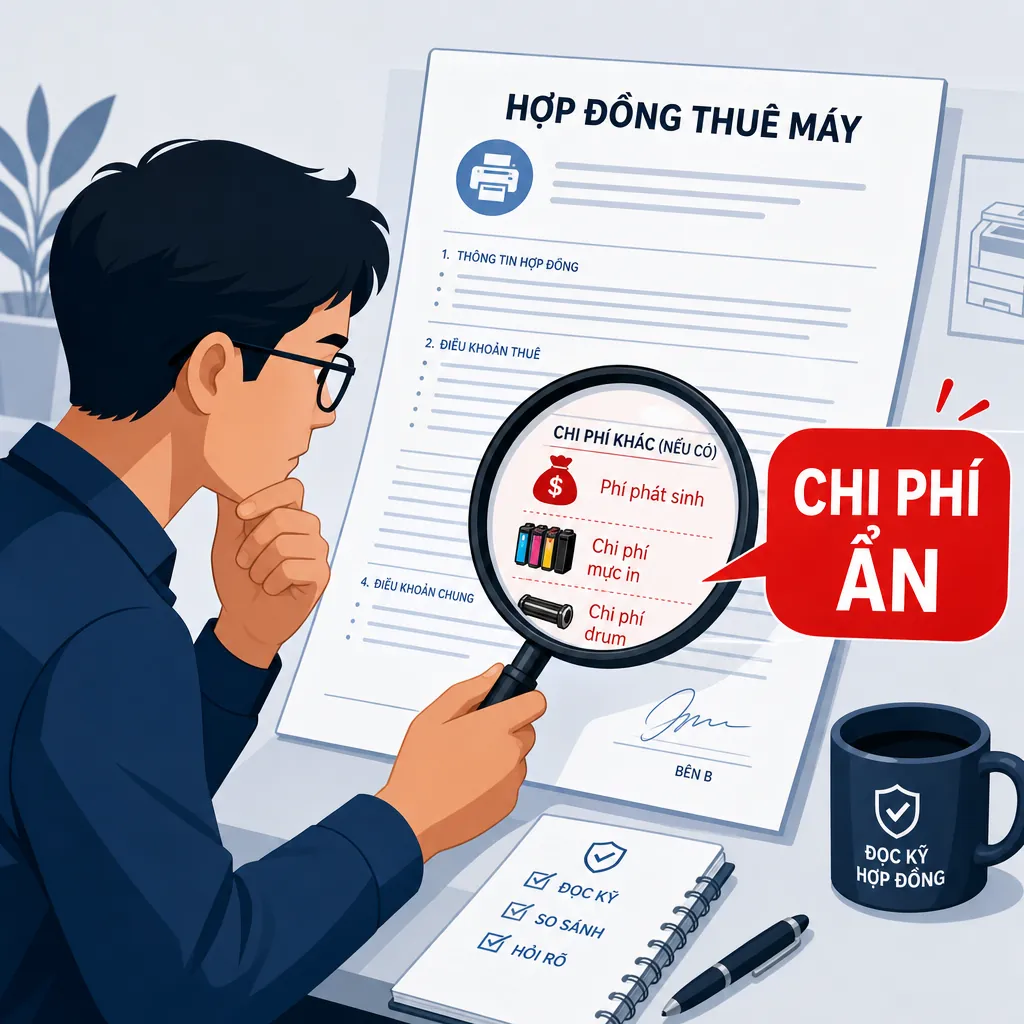 Hình minh họa một người đang dùng kính lúp soi hợp đồng thuê máy photocopy để phát hiện các chi phí ẩn.