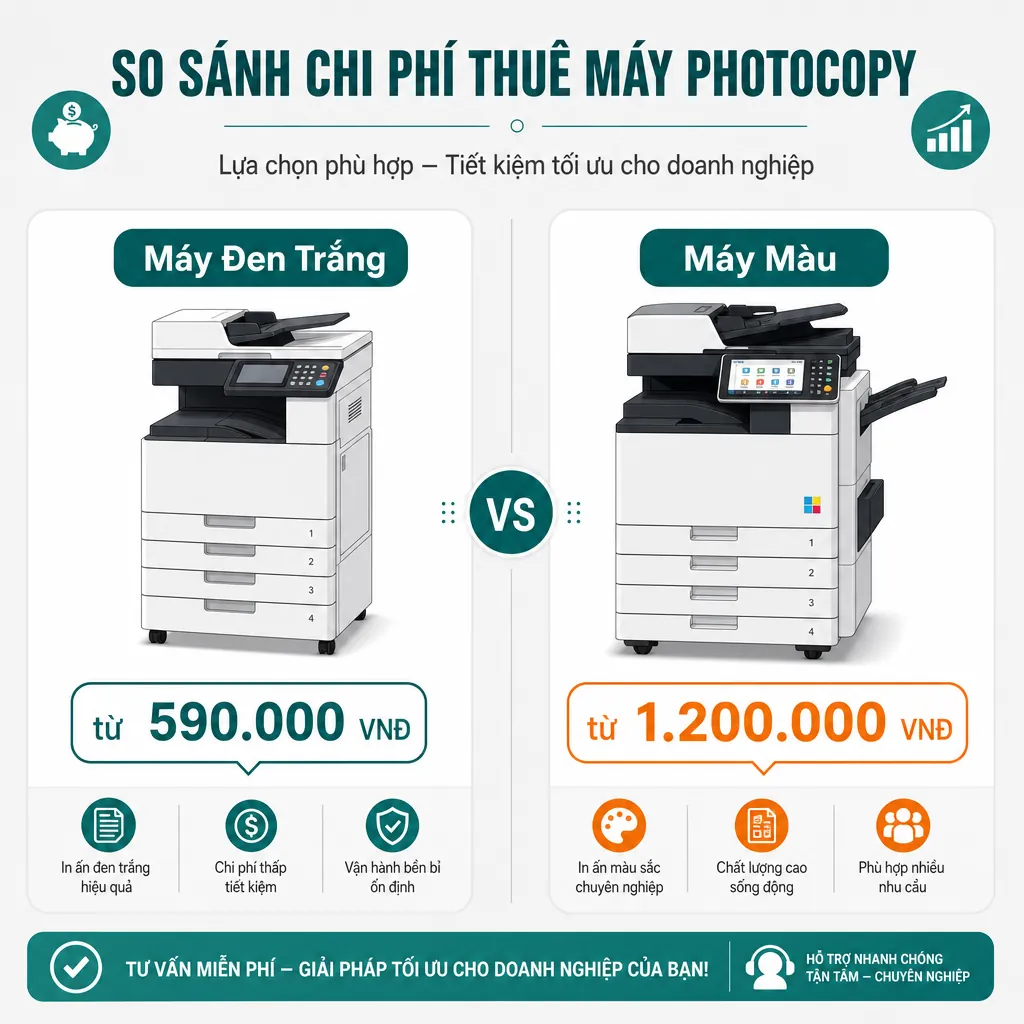 Infographic so sánh giá thuê máy photocopy đen trắng và máy photocopy màu tại Đà Nẵng.
