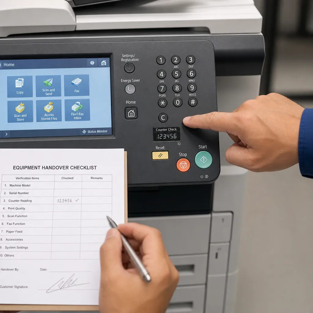 Kỹ thuật viên đang chỉ vào số counter trên máy photocopy trong khi khách hàng kiểm tra biên bản bàn giao.