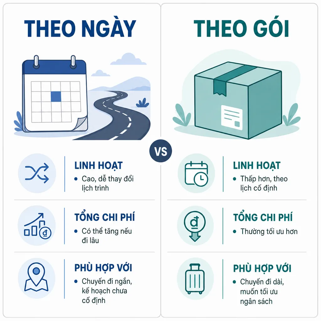 Infographic so sánh hai phương thức tính phí thuê thám tử: theo ngày và theo gói, dựa trên các tiêu chí linh hoạt, tổng chi phí và sự phù hợp.