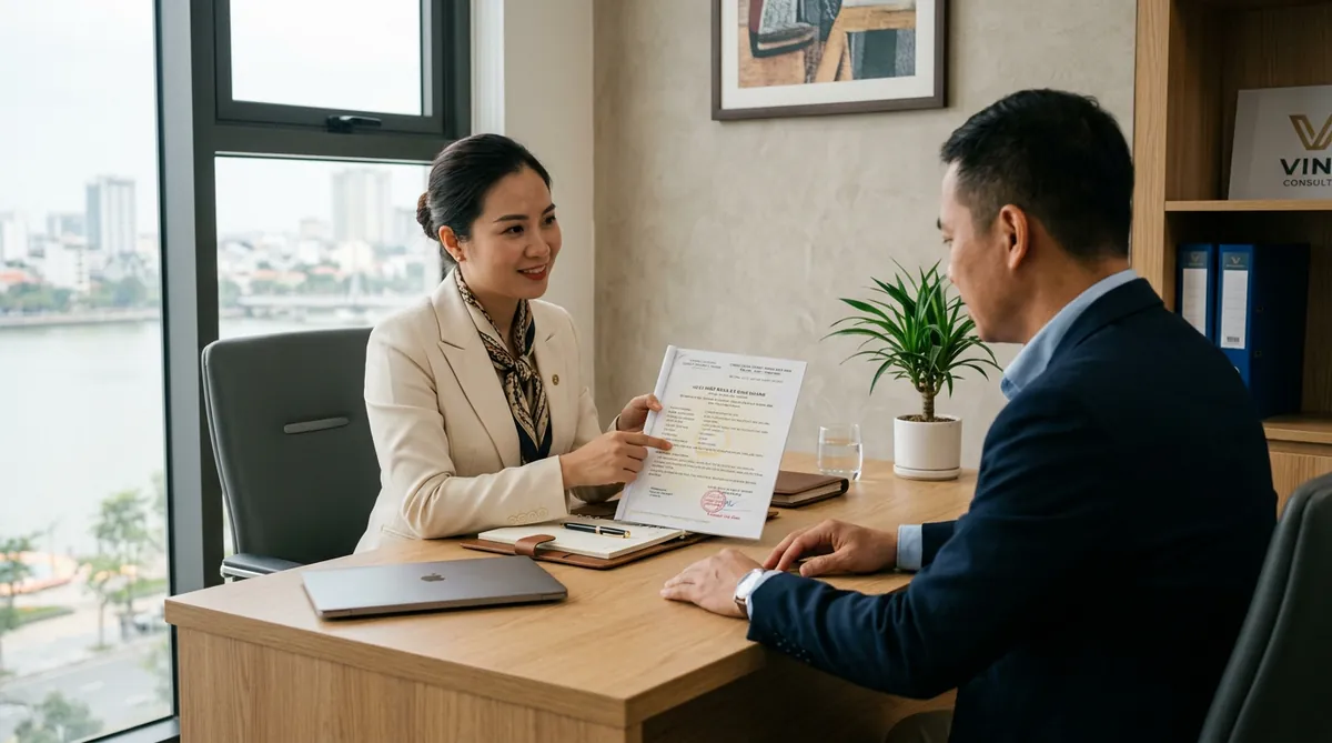 Một khách hàng đang gặp gỡ tư vấn viên tại văn phòng thám tử chuyên nghiệp để xác minh giấy phép kinh doanh.