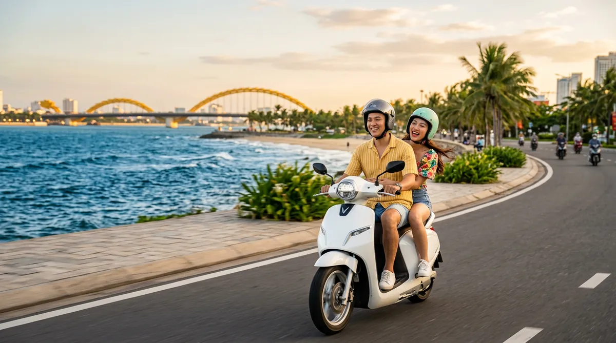 Cặp đôi trẻ đang vui vẻ lái xe máy điện trên con đường ven biển Đà Nẵng, phía xa là Cầu Rồng.