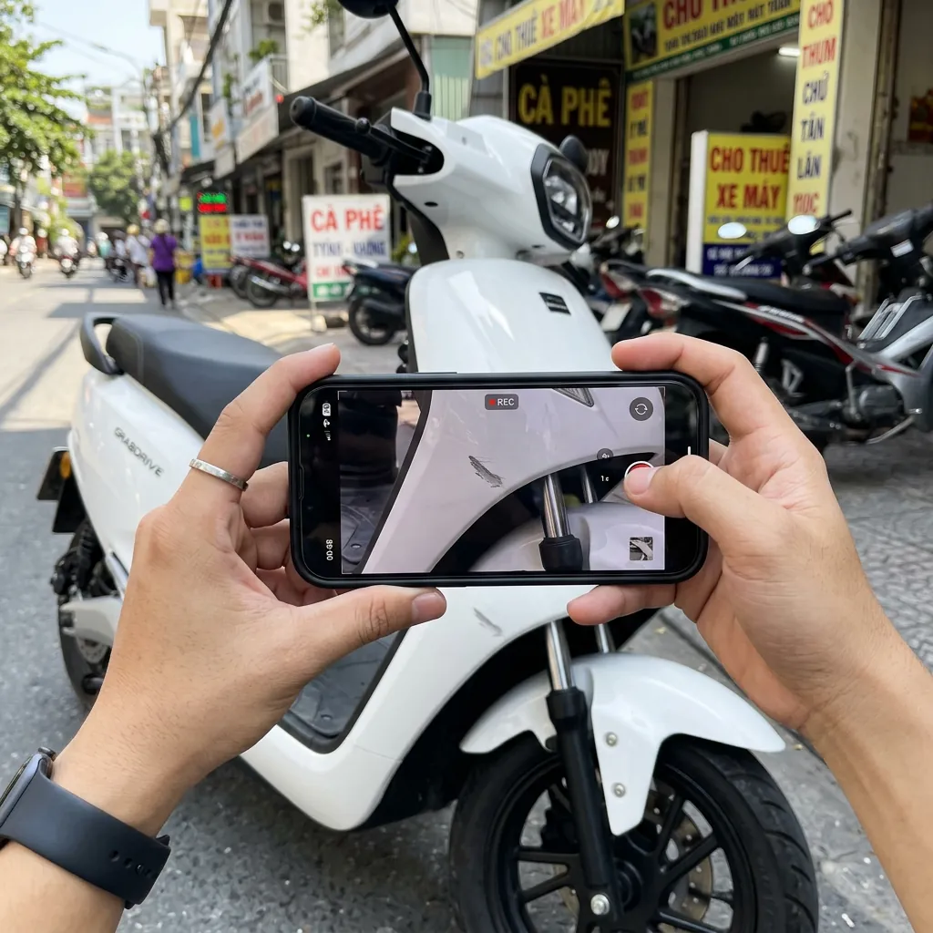 Góc nhìn người dùng đang cầm điện thoại quay video lại vết xước có sẵn trên xe máy điện khi nhận xe.