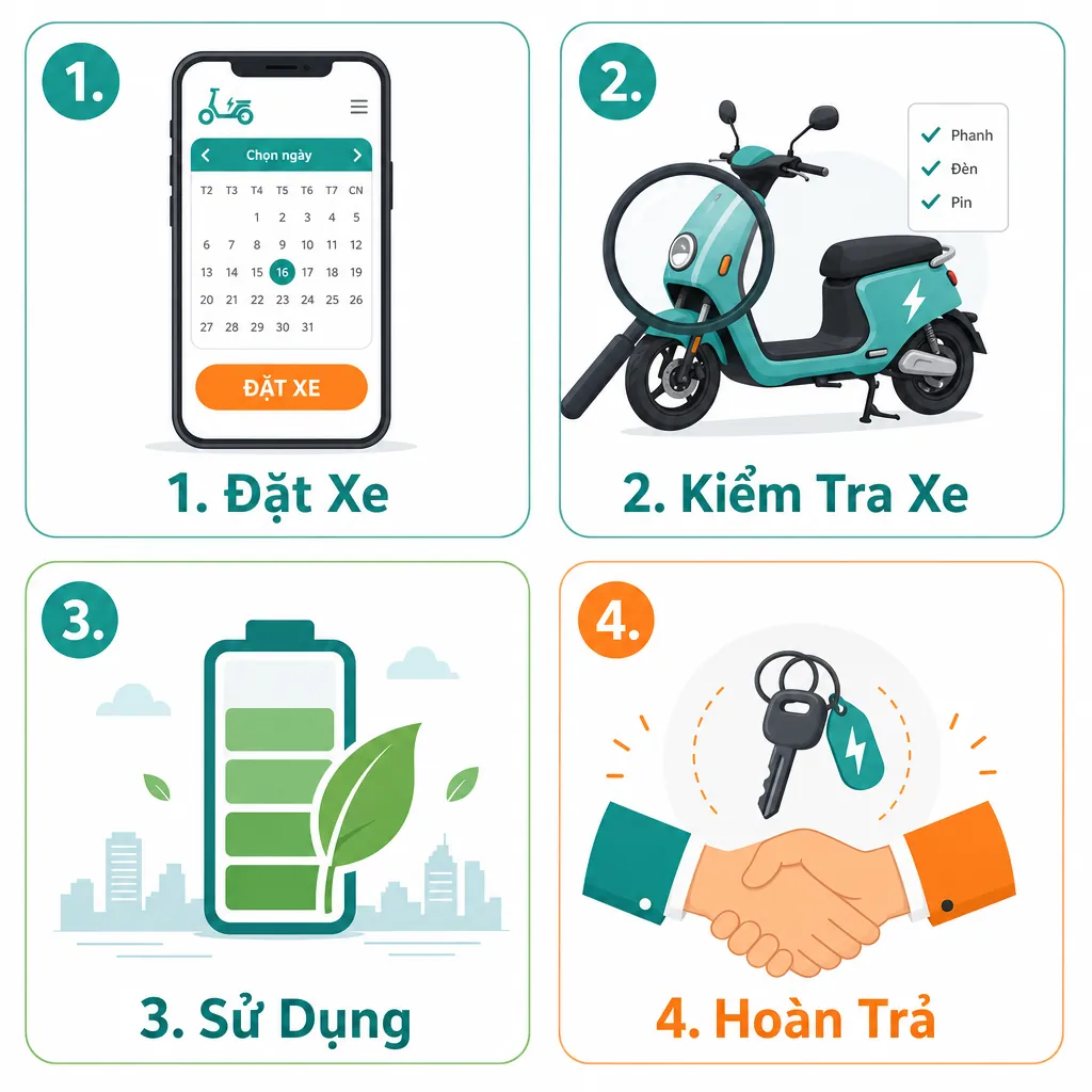 Infographic 4 bước quy trình thuê xe máy điện tại Đà Nẵng: Đặt xe, Kiểm tra xe, Sử dụng, và Hoàn trả.