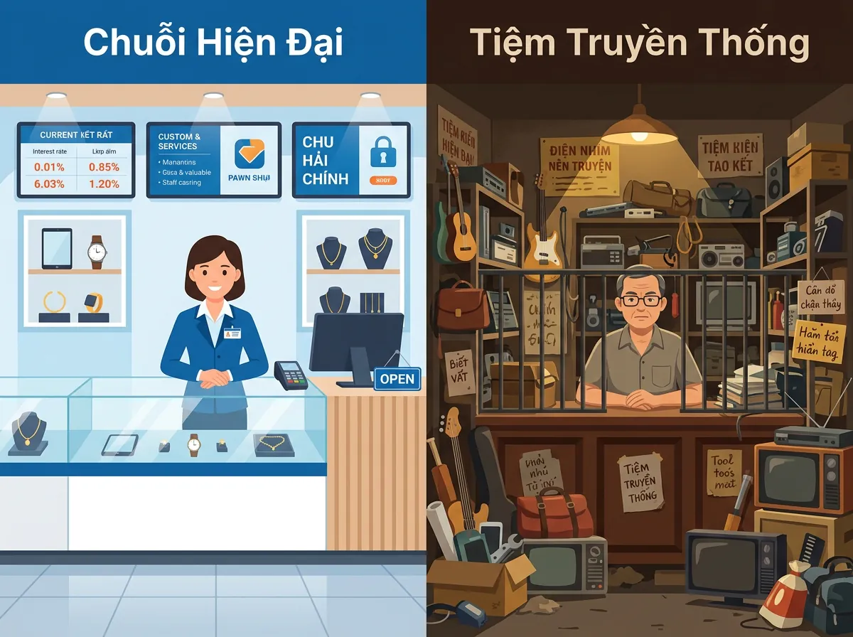 Bảng so sánh trực quan giữa mô hình chuỗi cầm đồ hiện đại và tiệm cầm đồ truyền thống.