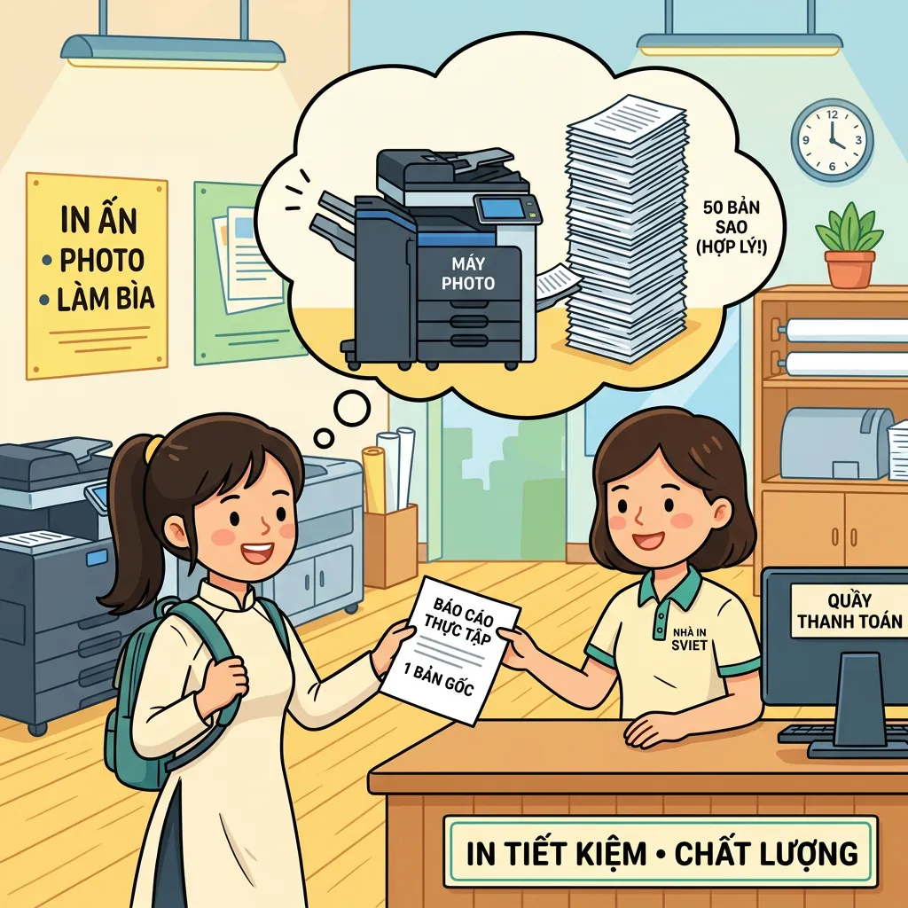 Minh họa mẹo tiết kiệm chi phí in ấn: in một bản gốc và photocopy các bản còn lại.