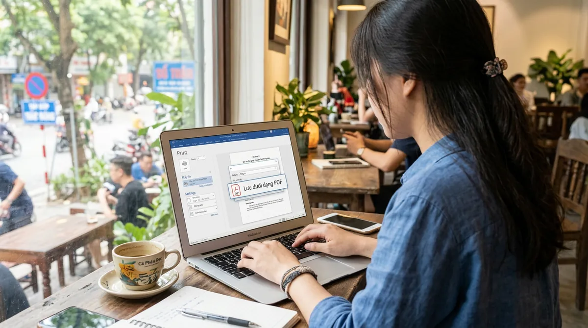 Một sinh viên đang sử dụng laptop, màn hình hiển thị chức năng 'Lưu dưới dạng PDF' để chuẩn bị file đi in.