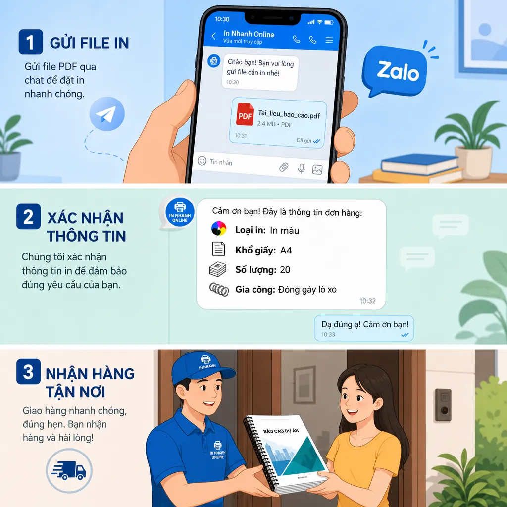 Quy trình 3 bước đặt in online: Gửi file PDF, ghi rõ yêu cầu chi tiết, và nhận hàng tại nhà.