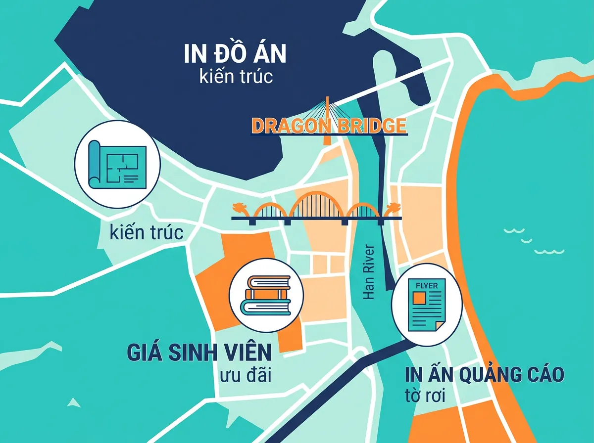 Sơ đồ minh họa các loại hình dịch vụ tại các tiệm photo ở Đà Nẵng, bao gồm in đồ án, in giá sinh viên và in quảng cáo.