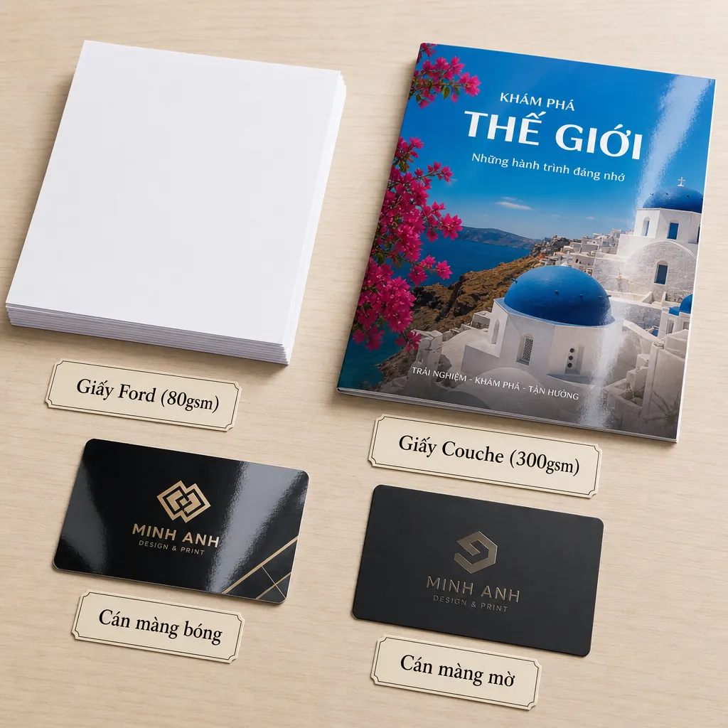 So sánh trực quan các loại vật liệu in ấn: giấy Ford, giấy Couche, cán màng bóng và cán màng mờ.