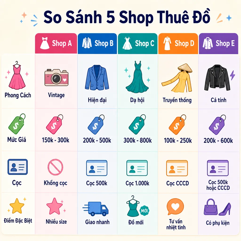 Bảng so sánh 5 tiệm thuê đồ ở Đà Nẵng về phong cách, giá cả, và điểm đặc biệt.