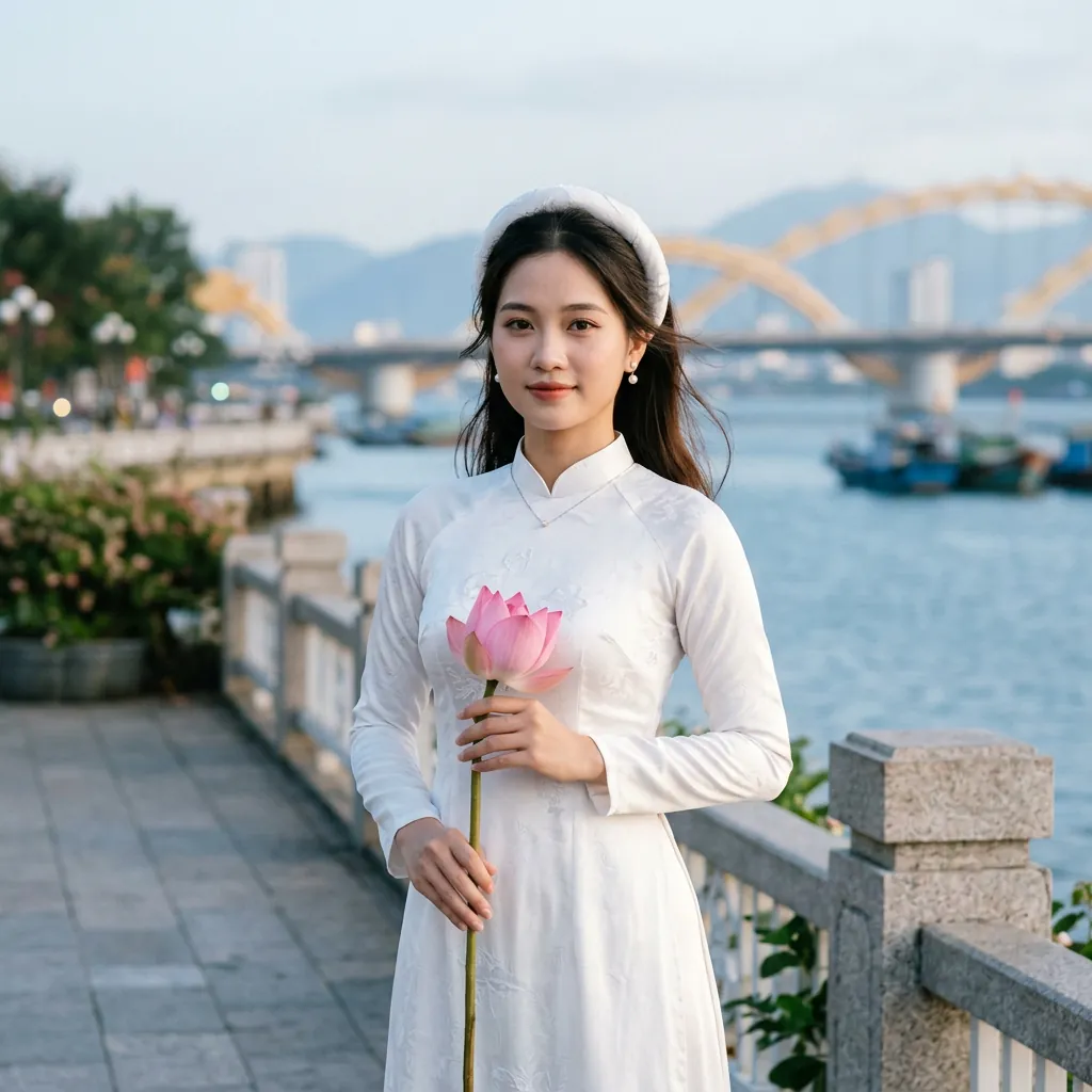 Cô gái Việt Nam duyên dáng trong tà áo dài truyền thống, chụp ảnh bên bờ sông Hàn, Đà Nẵng.