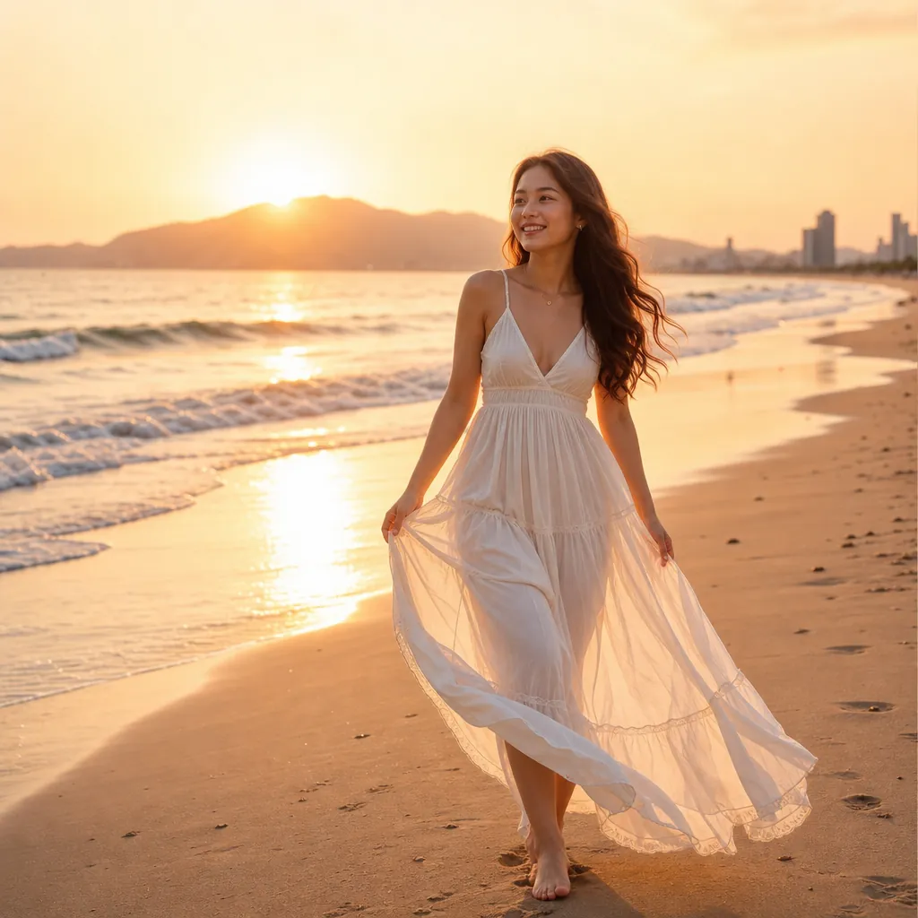 Một cô gái mặc váy maxi boho thướt tha đi dạo trên bãi biển Đà Nẵng vào lúc hoàng hôn.