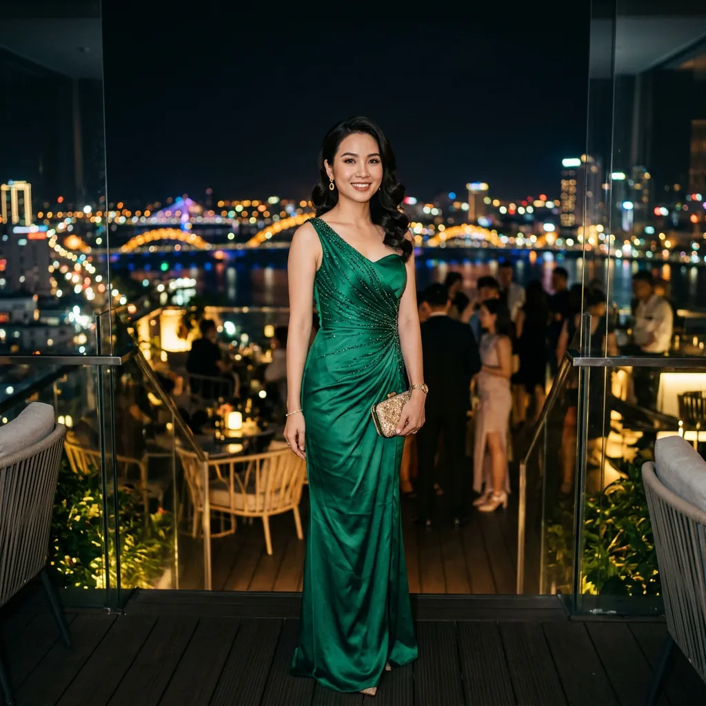 Một người phụ nữ mặc đầm dạ hội sang trọng đang tham dự một sự kiện đặc biệt.