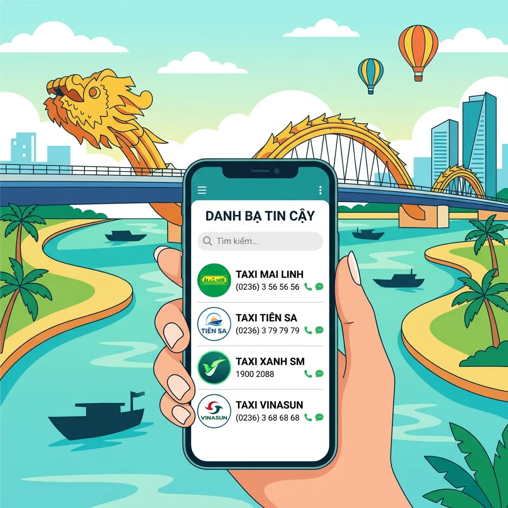 Danh bạ các số tổng đài taxi Đà Nẵng uy tín được lưu trên màn hình điện thoại thông minh.