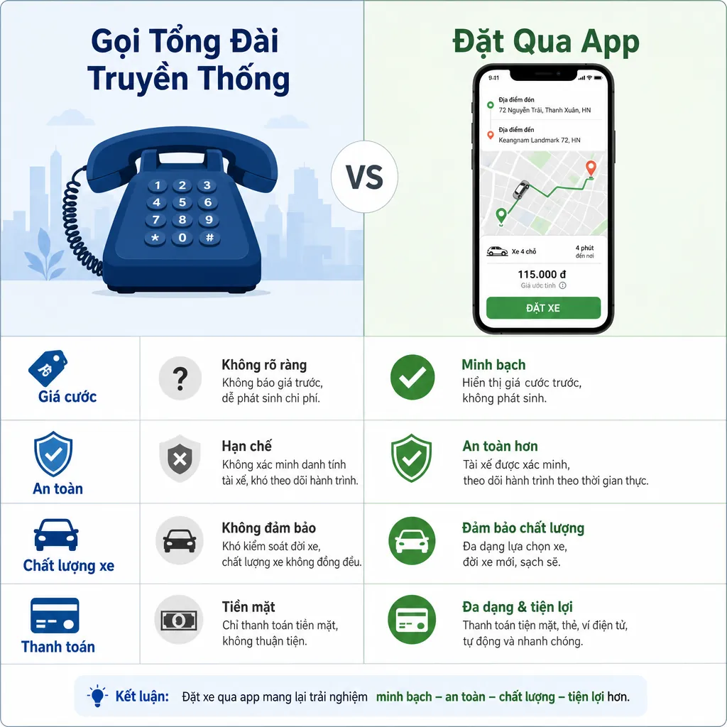 Infographic so sánh giữa việc gọi tổng đài taxi truyền thống và đặt xe qua ứng dụng công nghệ.
