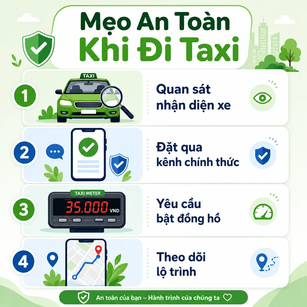 Infographic tóm tắt các mẹo an toàn cần nhớ khi đi taxi tại Đà Nẵng để tránh lừa đảo.