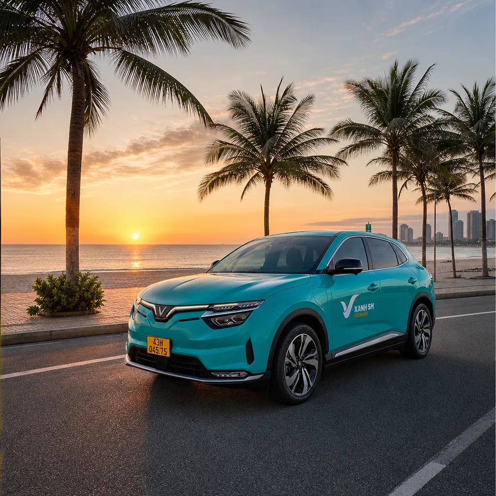 Một chiếc taxi điện Xanh SM màu xanh lục đặc trưng đang đỗ ven bờ biển Mỹ Khê, Đà Nẵng vào lúc hoàng hôn.