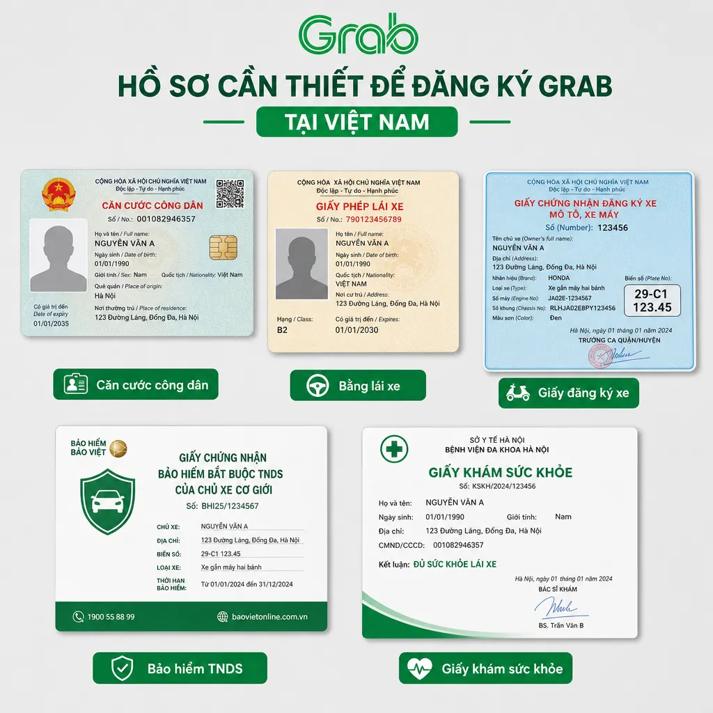 Ảnh minh họa các giấy tờ cần thiết để đăng ký Grab, bao gồm căn cước, bằng lái, giấy đăng ký xe.