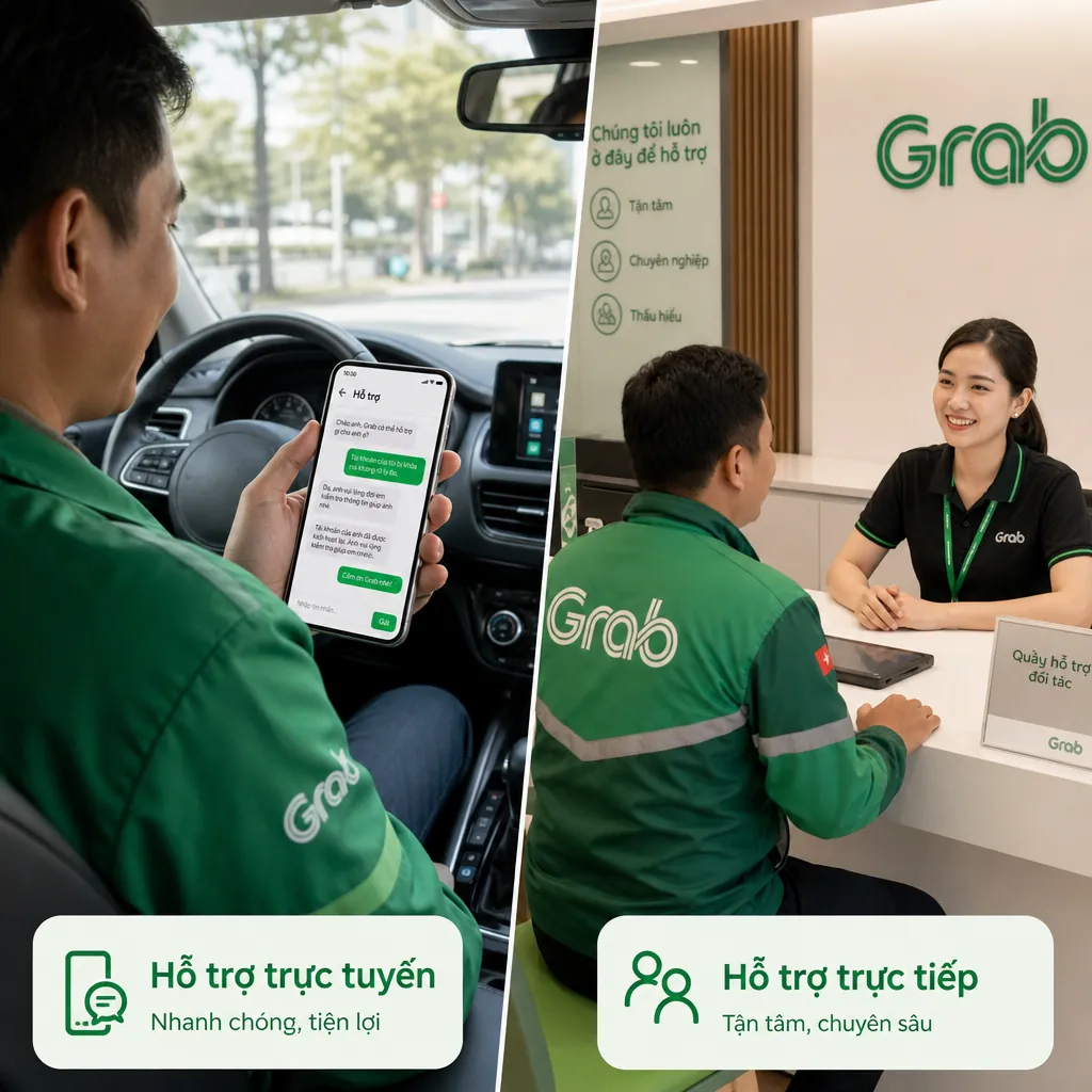 Ảnh so sánh việc giải quyết vấn đề qua ứng dụng Grab và việc đến trực tiếp văn phòng hỗ trợ.