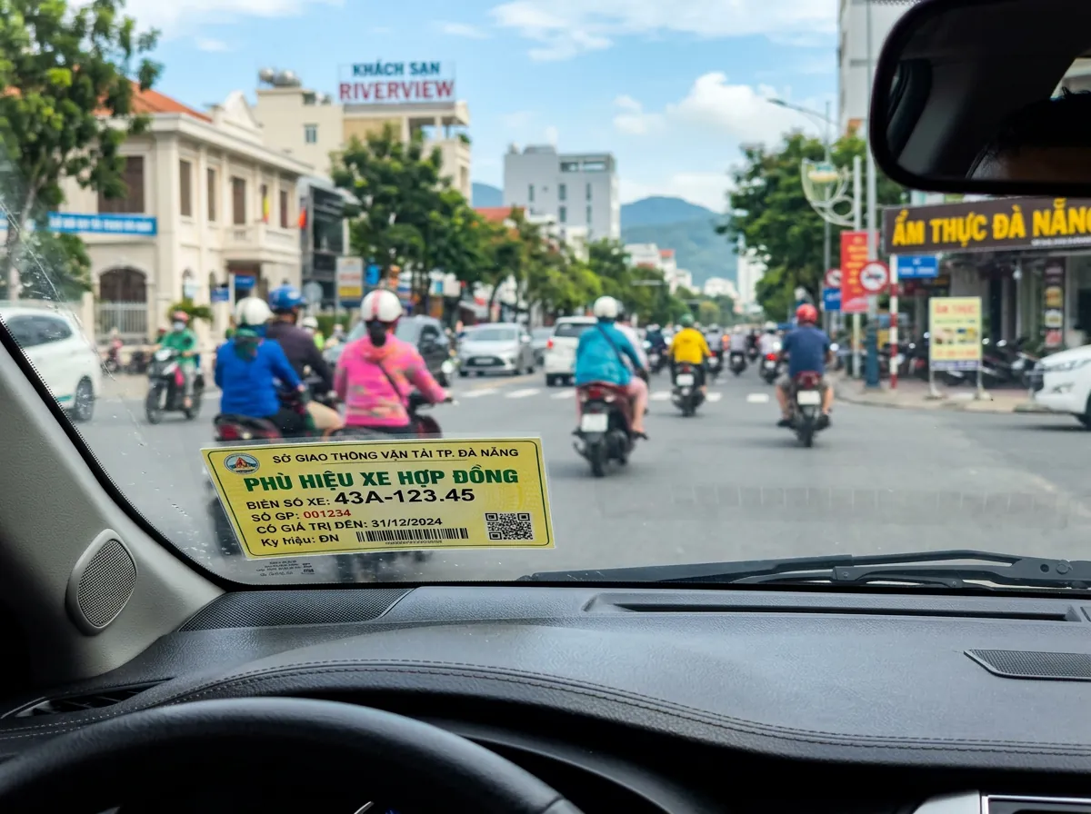 Cận cảnh phù hiệu xe hợp đồng được dán trên kính chắn gió của một chiếc xe GrabCar.