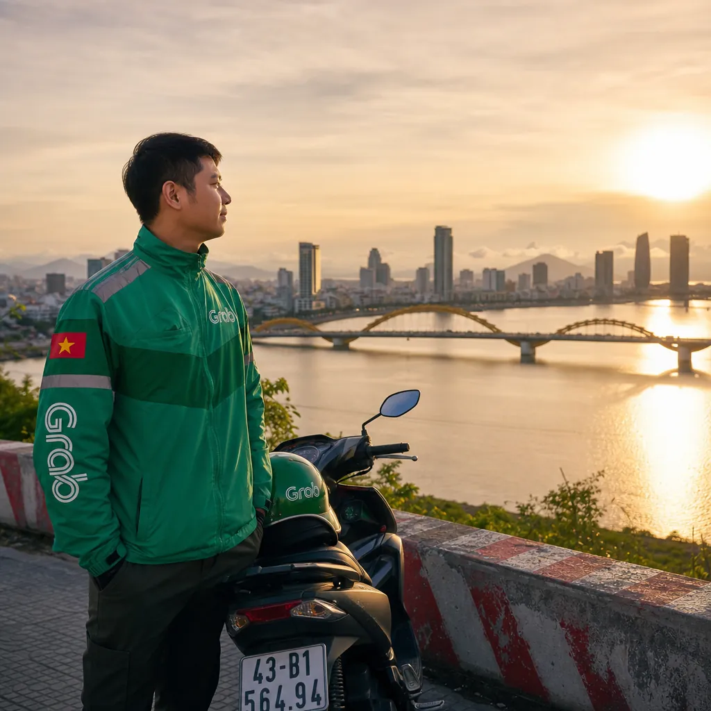 Tài xế Grab đứng bên xe máy nhìn ra thành phố Đà Nẵng với Cầu Rồng phía sau lúc hoàng hôn.