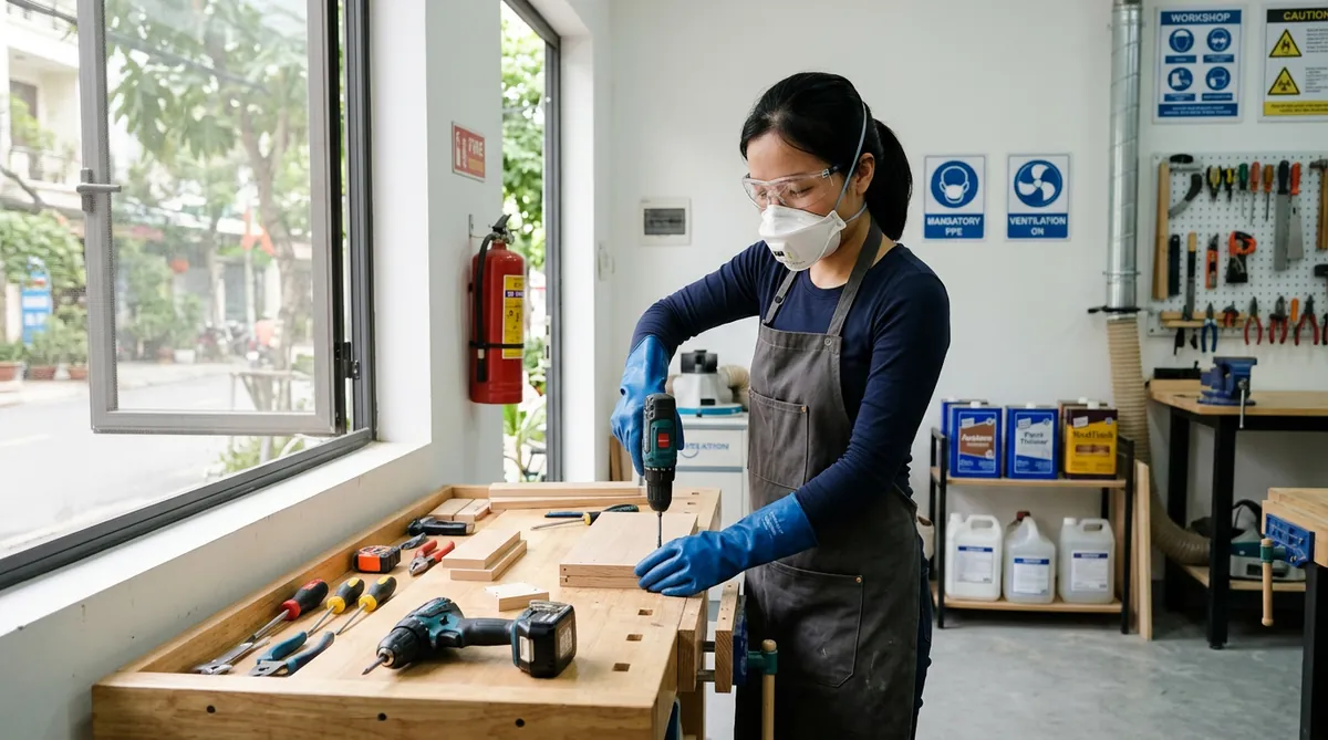 Người dùng đeo găng tay, khẩu trang, kính bảo hộ khi sử dụng xăng thơm ở nơi thoáng khí.