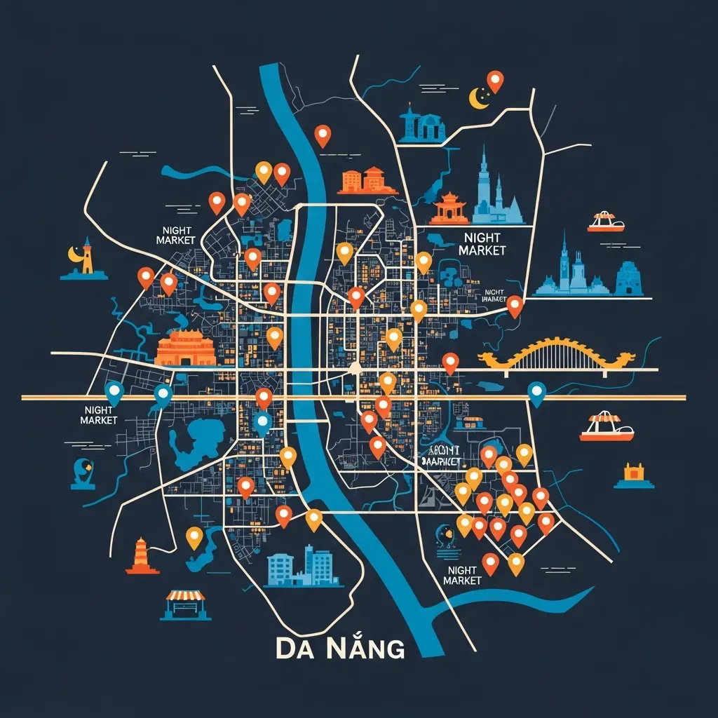 Bản đồ minh họa các cụm điểm ăn đêm Đà Nẵng theo quận