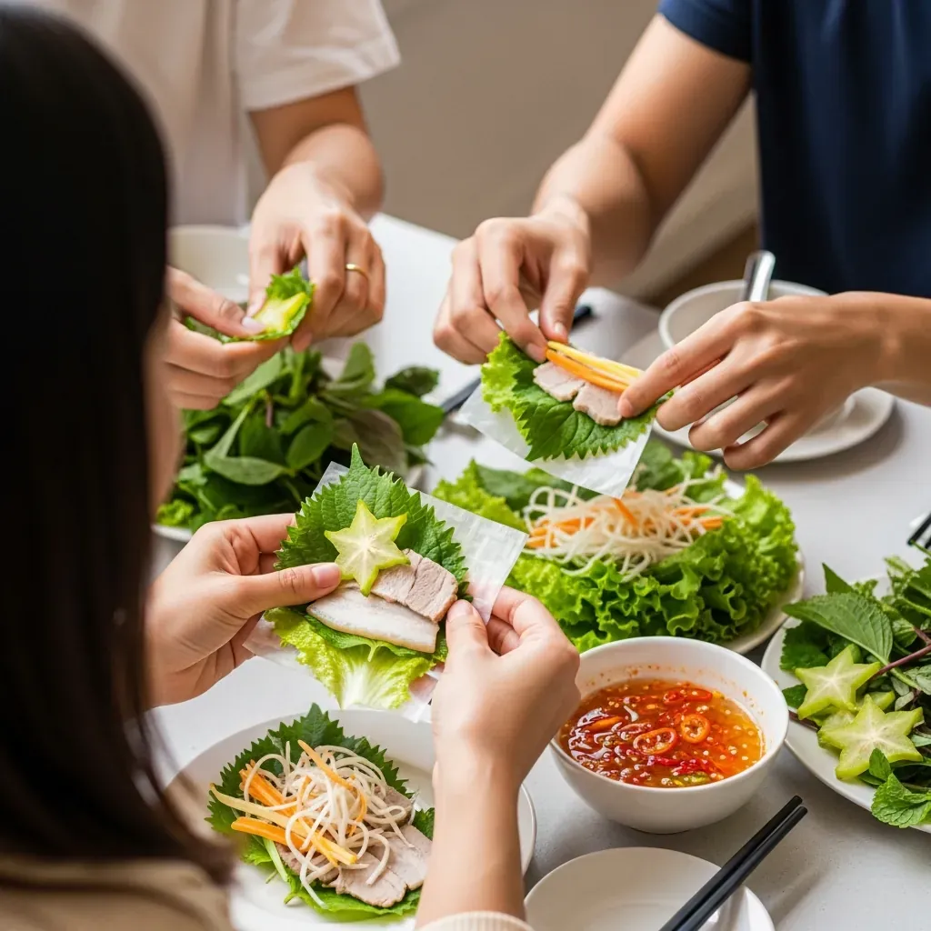 Bàn ăn bánh tráng cuốn thịt heo với rau sống và mắm nêm cho nhóm bạn