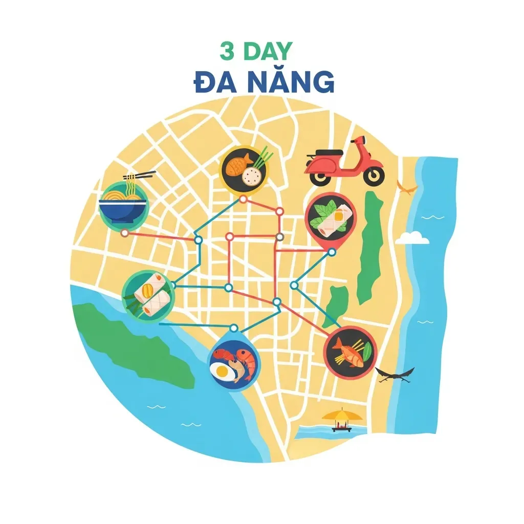 Bản đồ minh họa lịch trình ăn uống 3 ngày tại Đà Nẵng theo cụm vị trí
