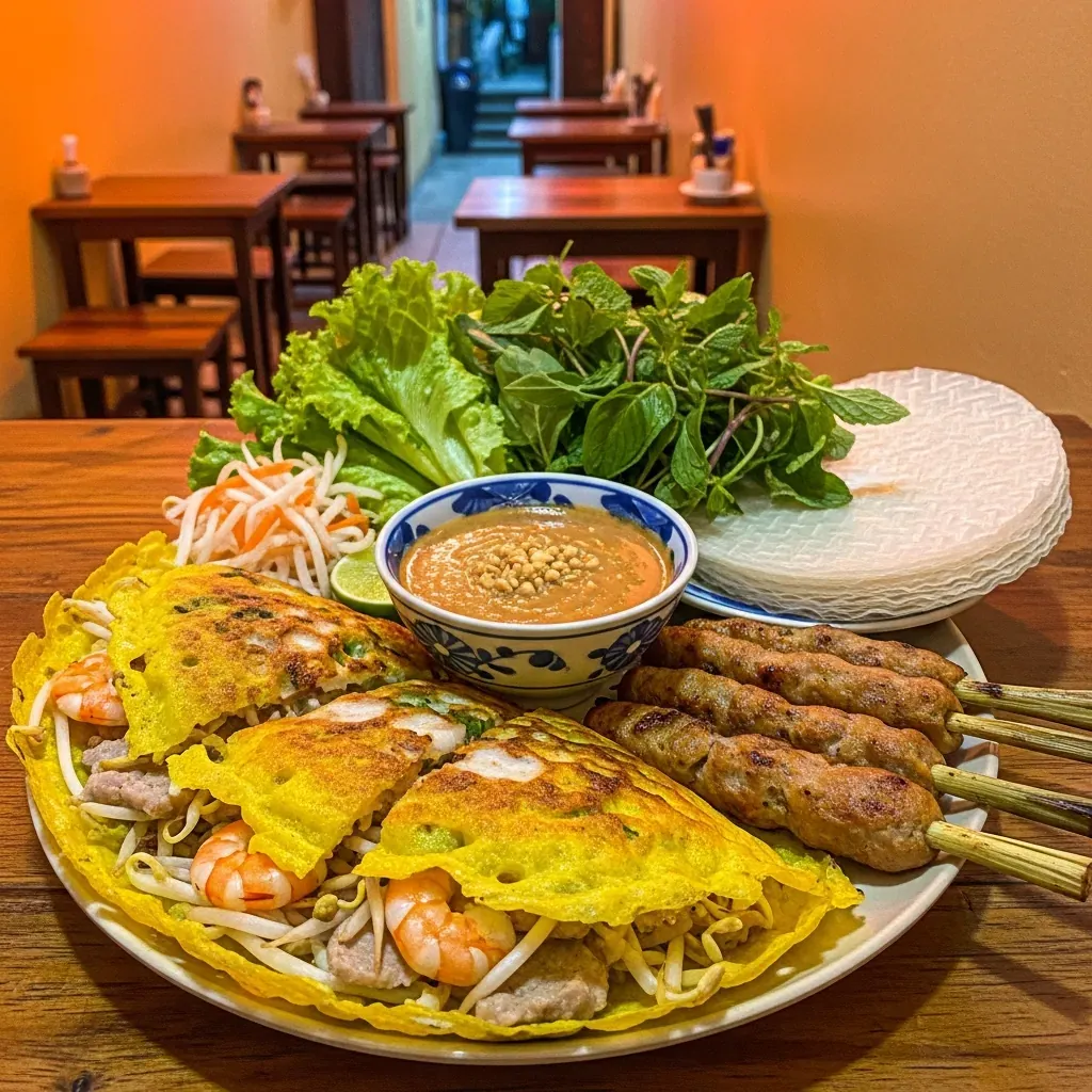 Bánh xèo giòn vàng và nem lụi nướng chấm tương đậu phộng