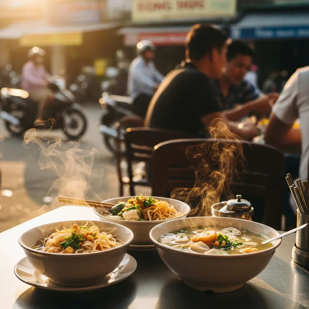Bữa sáng mì Quảng và bún chả cá tại quán địa phương Đà Nẵng buổi sớm