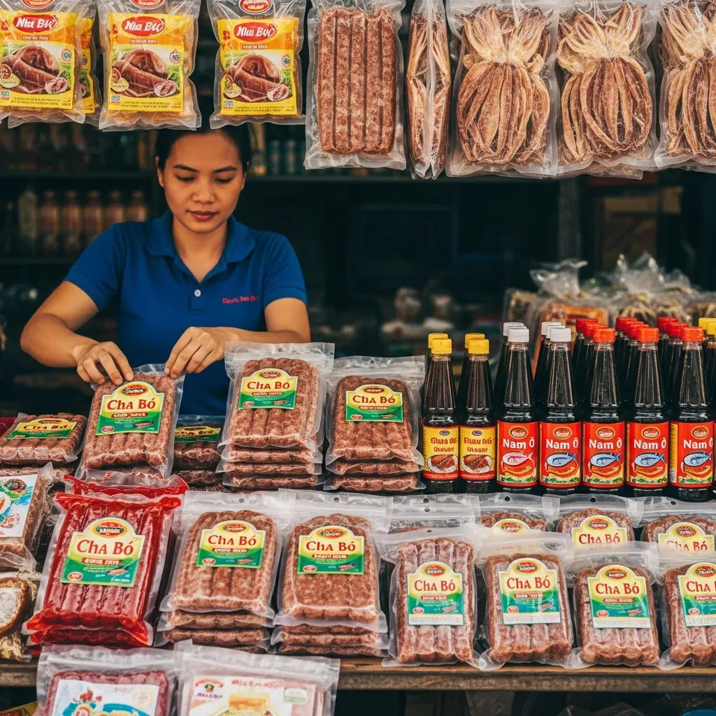 Quầy đặc sản chả bò, mực một nắng và nước mắm tại chợ Cồn Đà Nẵng