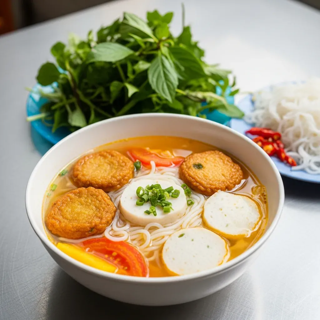 Tô bún chả cá Đà Nẵng nước dùng trong, chả cá hấp và chiên