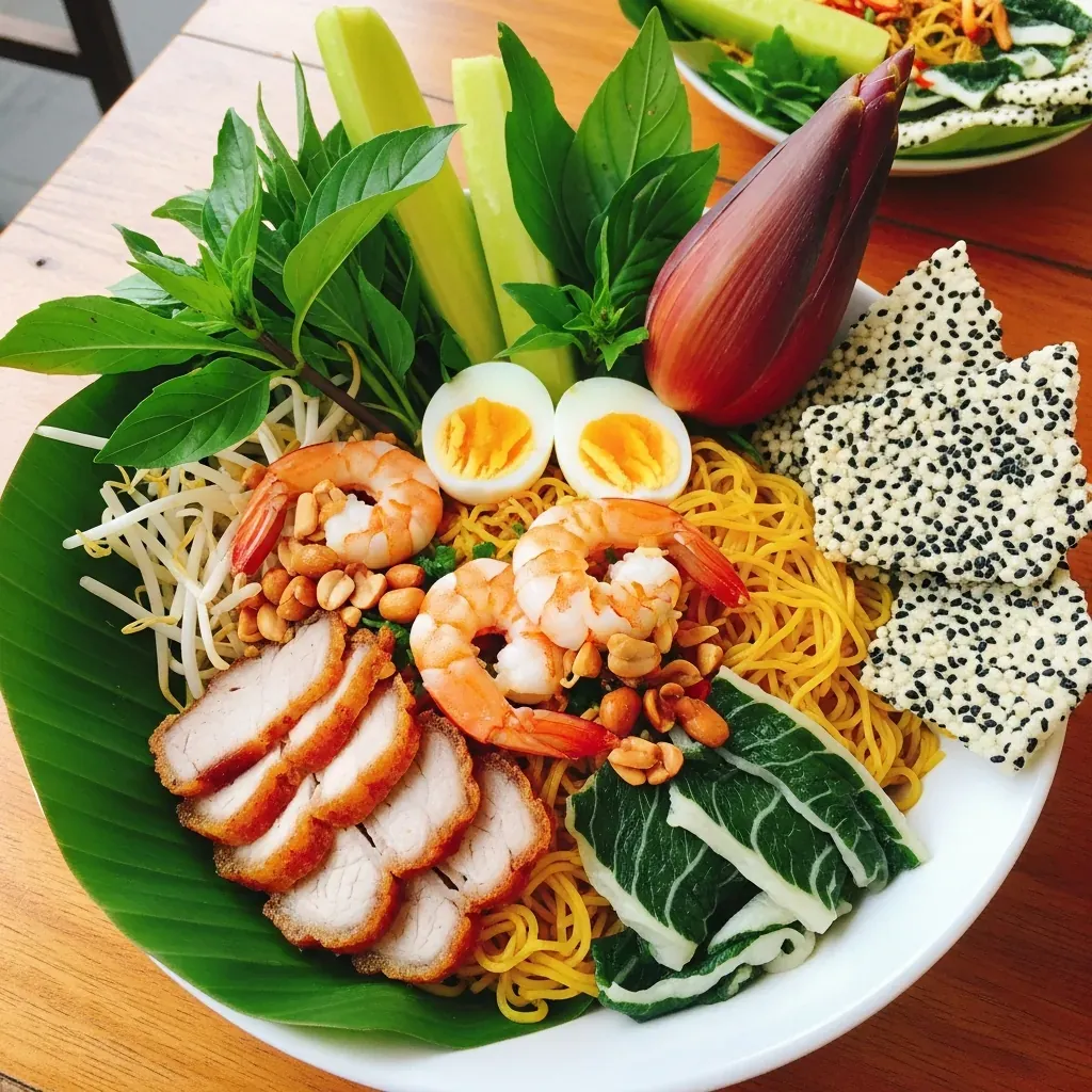 Tô mì Quảng Đà Nẵng vàng tươi với tôm, thịt heo quay, trứng cút và rau sống