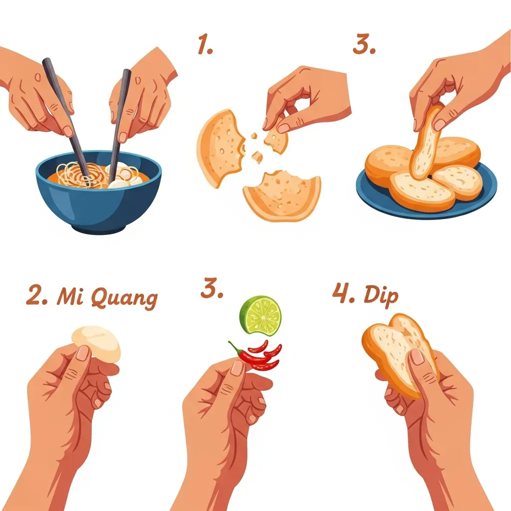 Minh họa các bước ăn đúng điệu mì Quảng và bún chả cá
