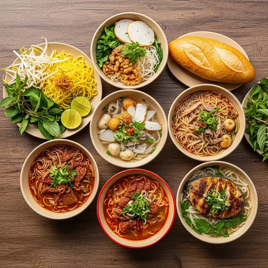 Mâm sáu món ăn sáng đặc trưng Đà Nẵng bày trên bàn gỗ