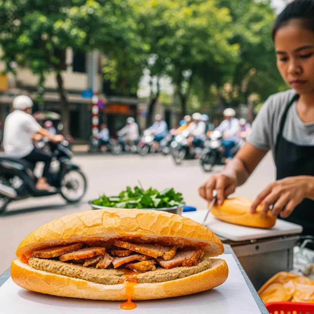 Ổ bánh mì pate và heo quay nóng giòn tại quán vỉa hè Đà Nẵng
