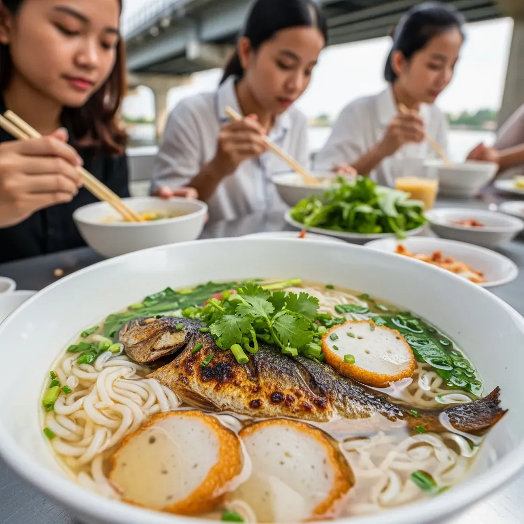 Tô bánh canh cá nướng với topping tự chọn dưới chân cầu