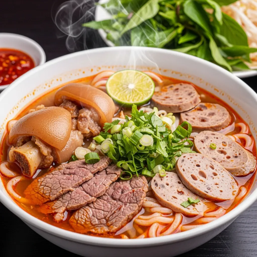 Tô bún bò Huế cay nồng thơm mùi sả với thịt bò mềm