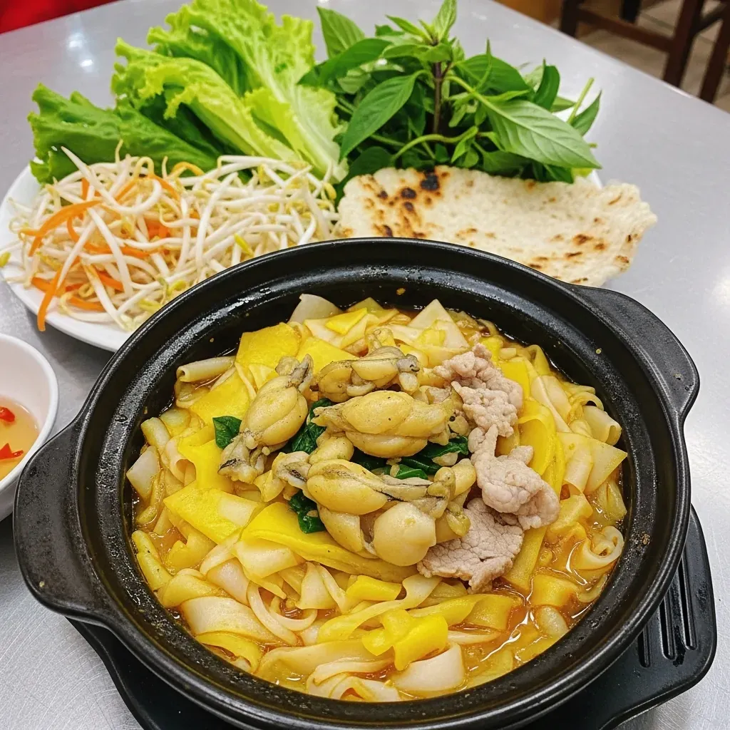 Tô mì Quảng ếch trong thố đá kèm rau sống và bánh tráng nướng