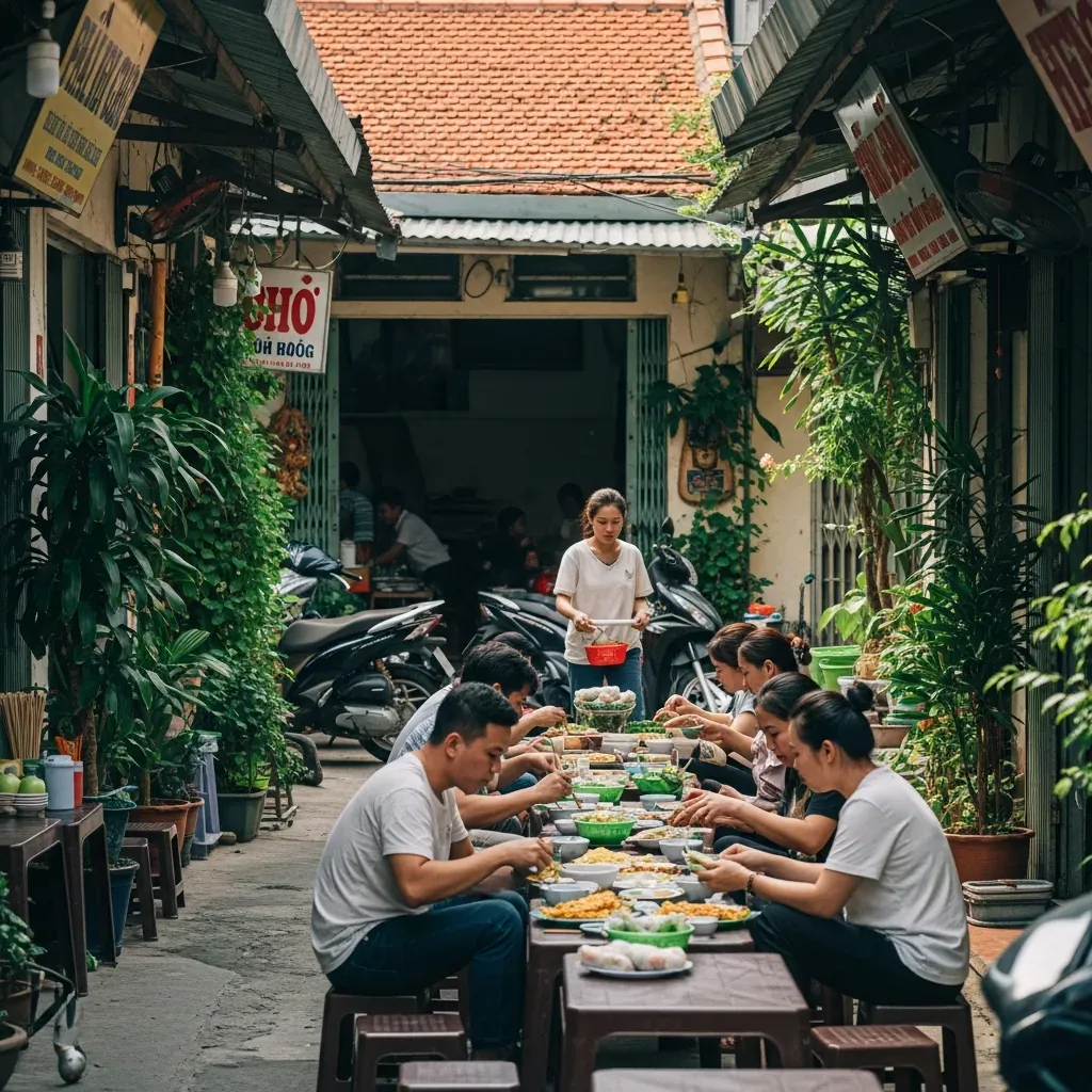 Quán ăn trưa đông khách trong hẻm ở Đà Nẵng với thực khách địa phương
