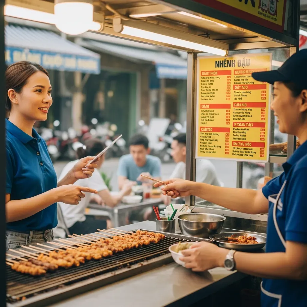 Khách hỏi giá món trước khi gọi tại quán ăn vặt