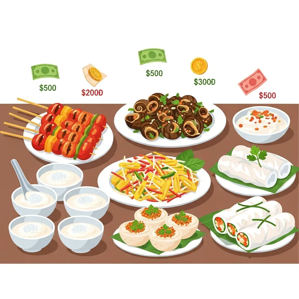 Minh hoạ các món ăn vặt Đà Nẵng kèm biểu tượng giá tiền