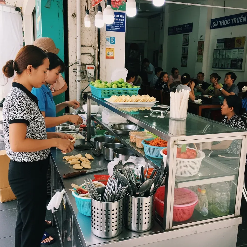 Quán ăn vặt đường phố chế biến tại chỗ sạch sẽ đông khách địa phương